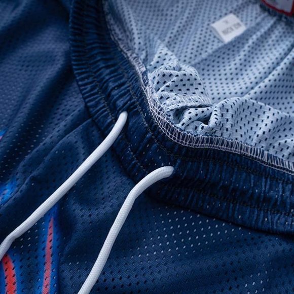 Eric Emanuel EE logo Red Flame Print Casual Blue Sports Shorts - Picture 8 of 12